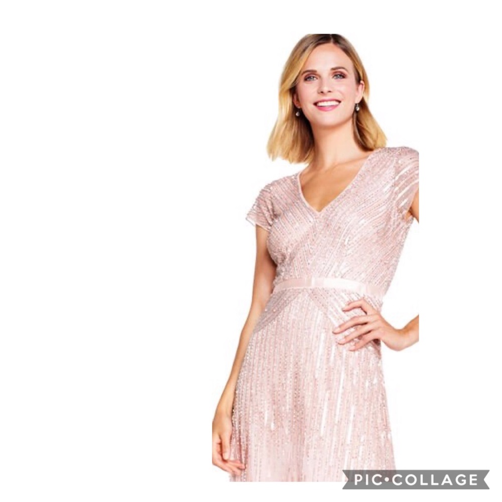 Adrianna Papell beaded V-neck cap sleeves long gown - Picture 5 of 13